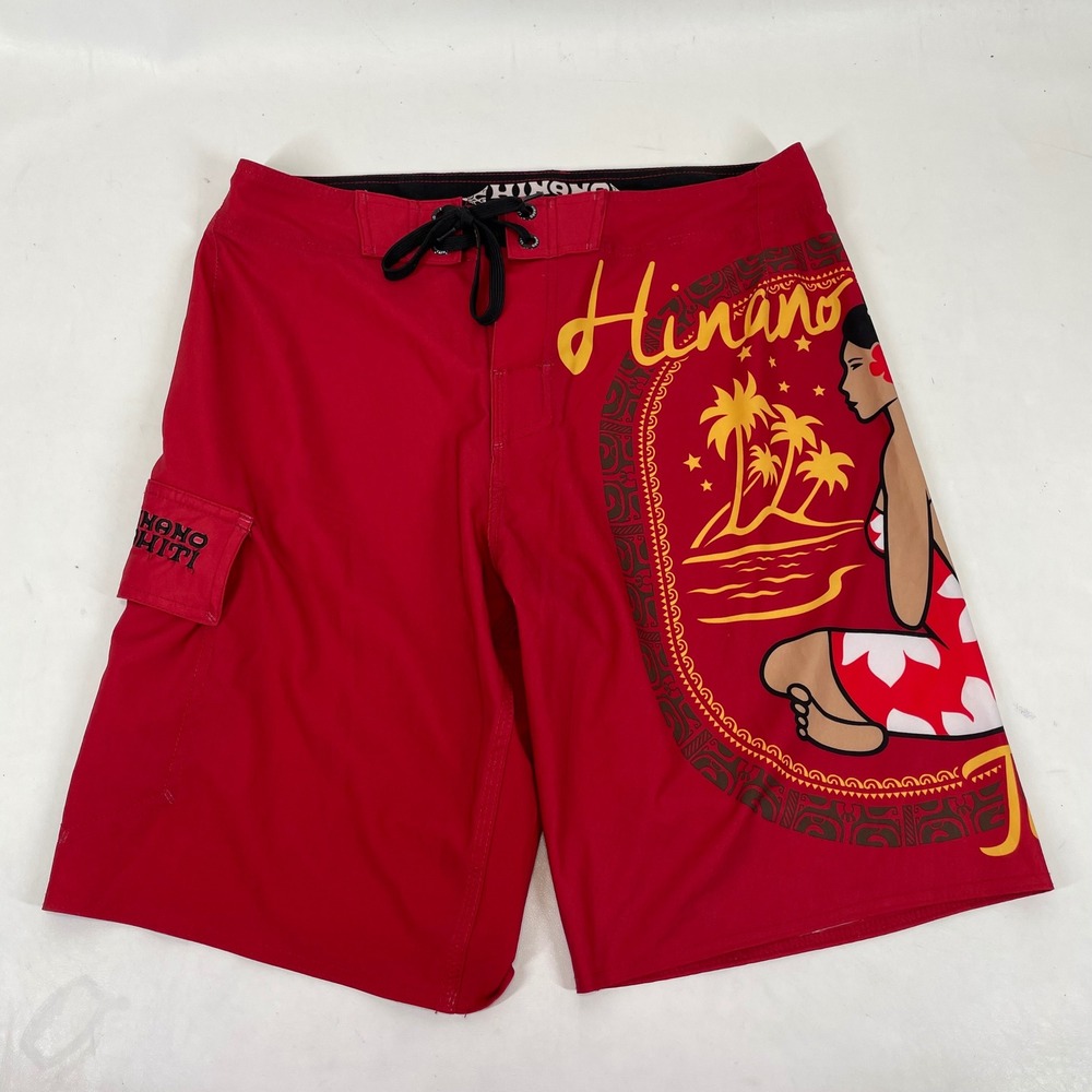 Hinano Tahiti Mens Red Board Shorts Vahine Logo Graphic Swim Trunks Size 32